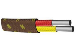 A fiberglass thermocouple wire on a white background. The red and yellow wiring indicates it's a Type K thermocouple based on ANSI wiring codes.