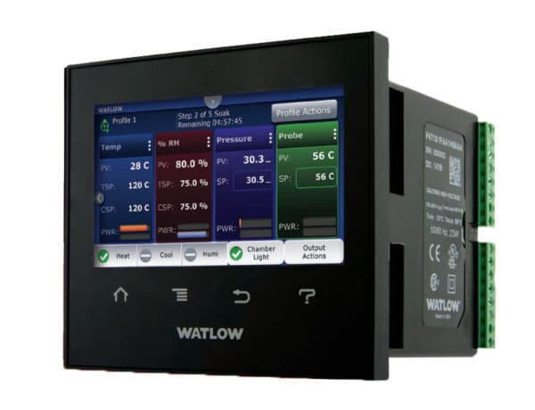 Watlow's F4T controller. The interface is on, showing multiple temperature settings.