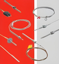 many different types of thermocouples on a red and gray background.