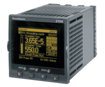 Eurotherm's 2704 multi-loop controller. The display features two numbers (3.65E-5 chamber vac and 550. chamber temperature). 