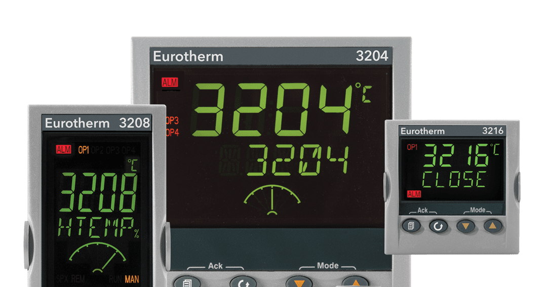 Eurotherm's 3200 series of temperature controllers. There are four controllers, each displaying different numbers.