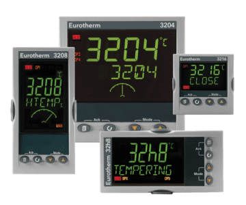 Eurotherm's 3200 series of temperature controllers. There are four controllers, each displaying different numbers. 