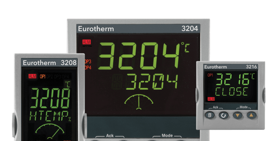 Eurotherm's 3200 series of temperature controllers. There are four controllers, each displaying different numbers.