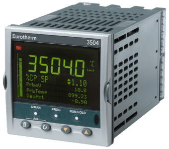 A Eurotherm 3500 series temperature controller. The display shows 3504 degrees Celsius and has additional numbers representing millivolts, probe temperature, and dew point.