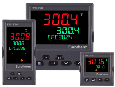 Eurotherm's EPC3000 series controllers. There are three controllers. From left to right the controllers are titled EPC 3008, EPC 3004, and EPC 3016.