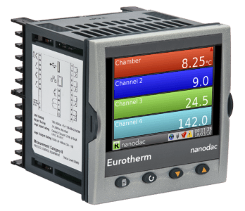 Eurotherm's nanodac temperature controller. The display shows four channels. The first channel says 8.25 degrees Celsius, the second channel says 9.0, the third channel says 24.5, and the third channel says 142.0