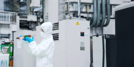 A woman in a dustproof suit inspects a wafer