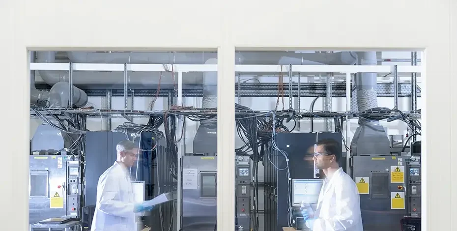A window overlooking two scientists in a lithium ion battery research lab
